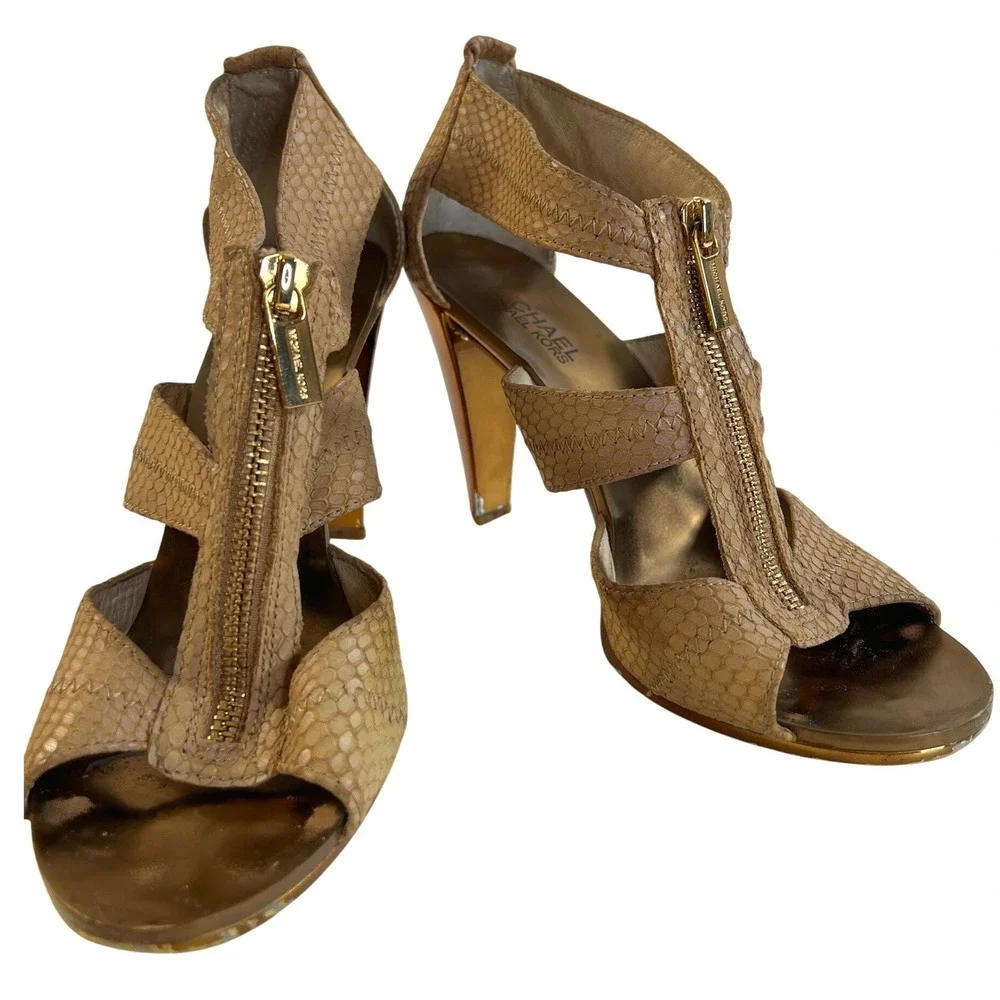 Michael Kors Snakeskin Embossed Leather Cage Sandals Tan Gold Zip Heels Size 8
